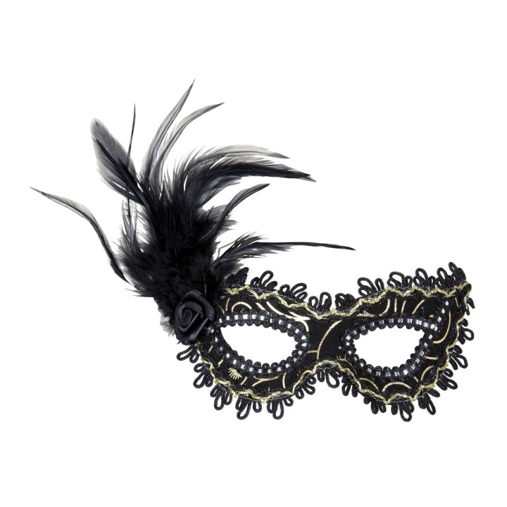 Venetiaans Masker roos + veren zwart/goud