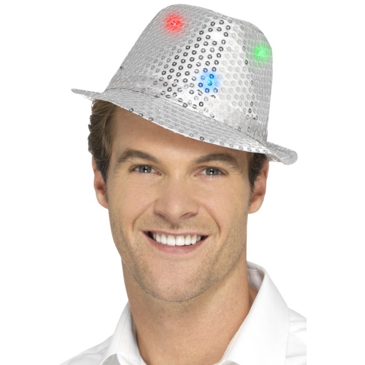 Glitter hoed zilver met LED lichtjes
