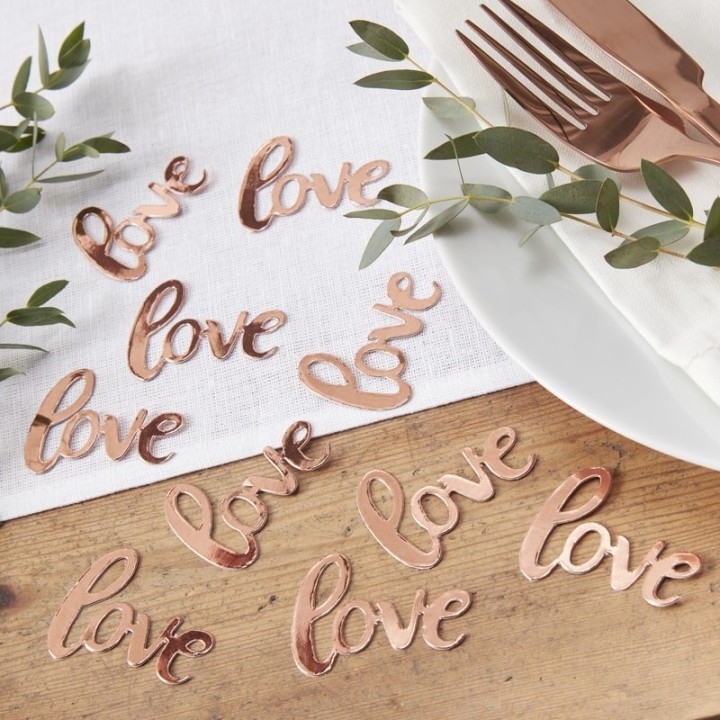 tafelconfetti love roségoud bruiloft jubileum decoratie