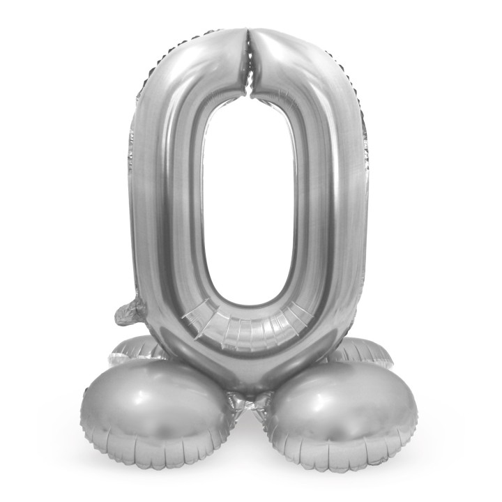 grote cijfer ballon 0 met basis zilver folieballon