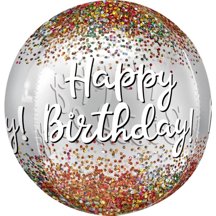 Folieballon bedrukt Happy Birthday confetti orbz rond