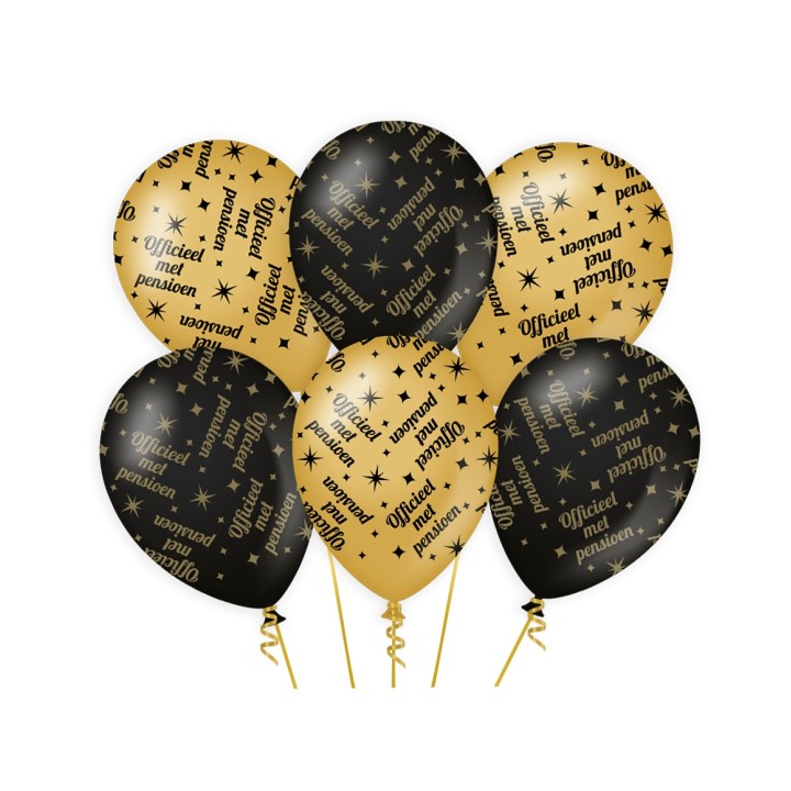Verjaardag ballonnen Pensioen zwart/goud 6st