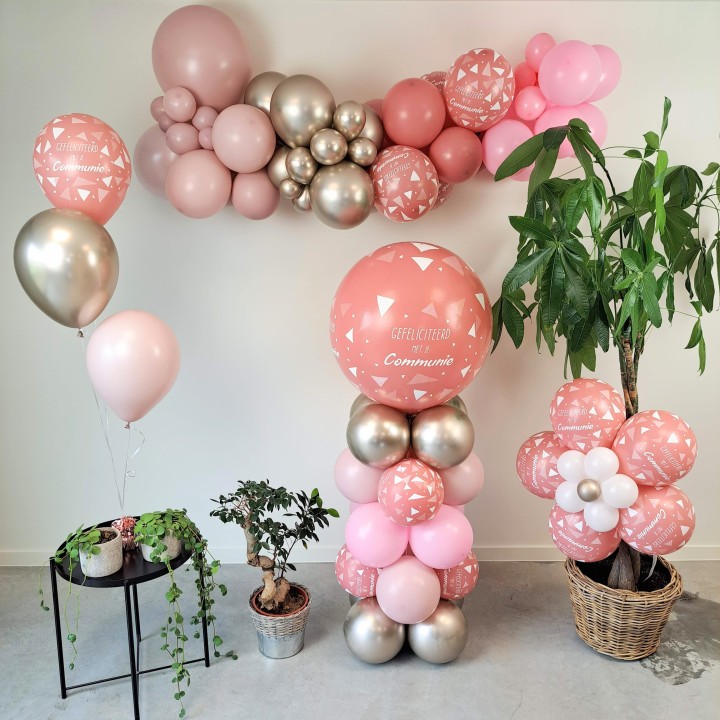 communie ballondecoraties arrangement pakket roze rosewood ballonnenboog