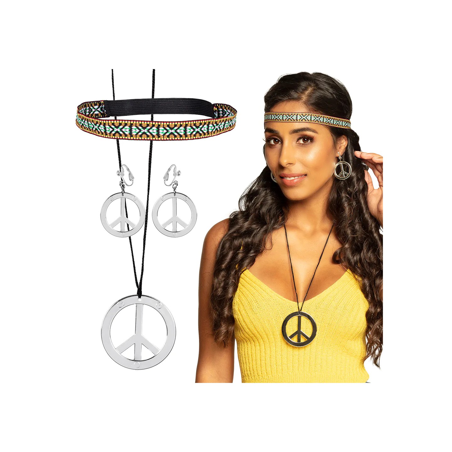 Hippie Accessoires hoofdband oorbellen peace ketting
