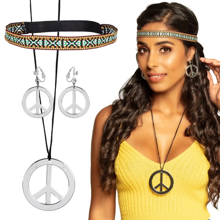 Hippie Accessoires hoofdband oorbellen peace ketting